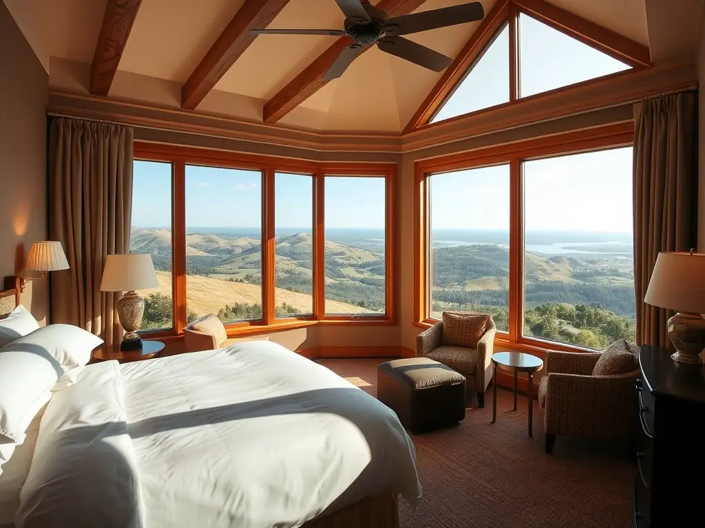 Cozy hotel room with a beautiful view, showcasing comfort and relaxation.