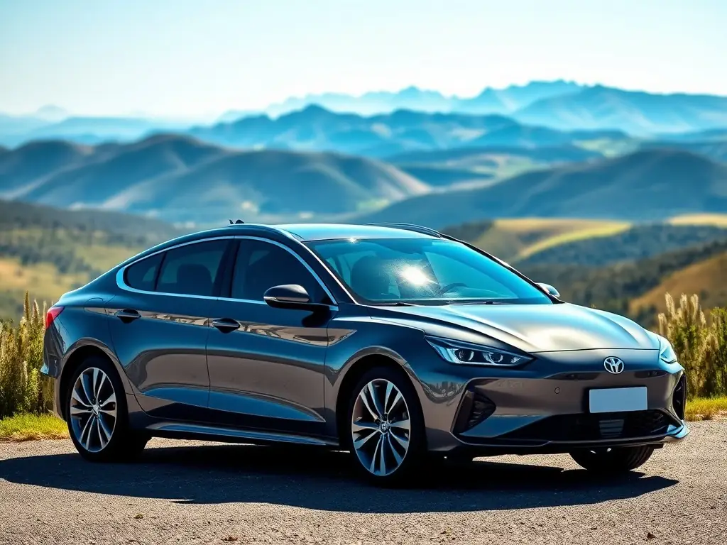 Sleek rental car parked in front of a scenic landscape.