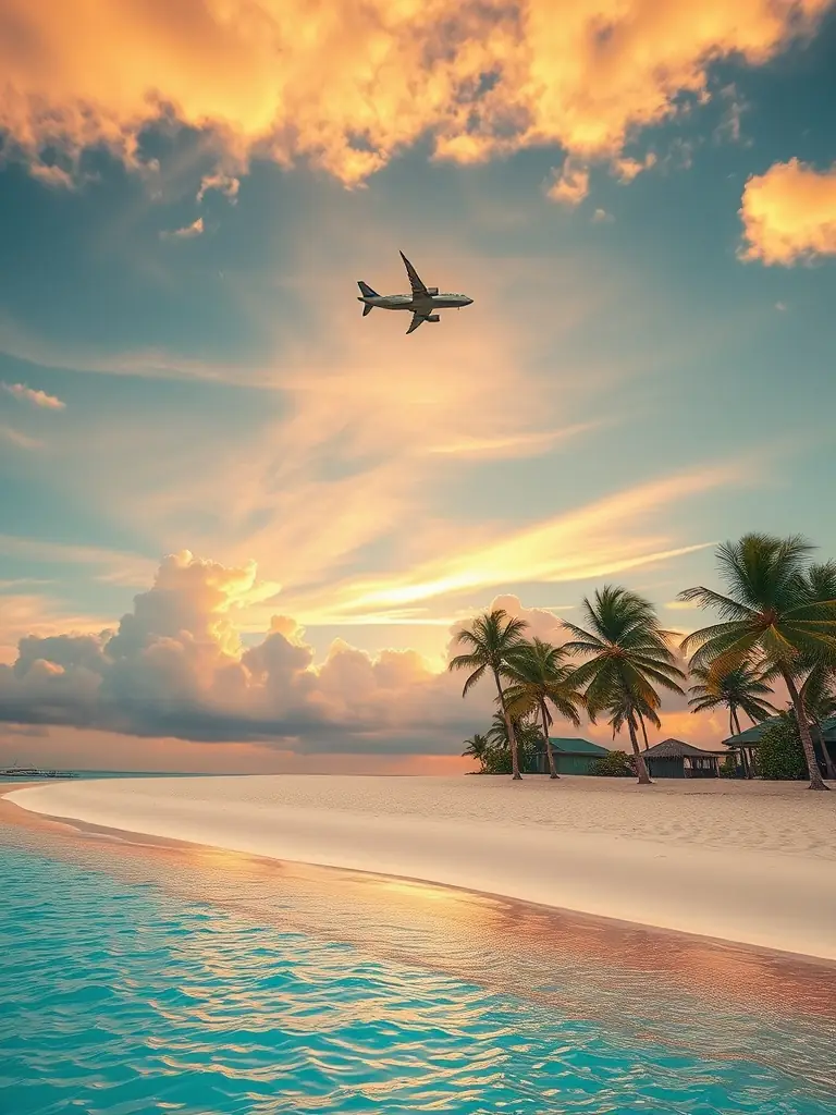 A tropical beach at sunset with an airplane flying overhead.