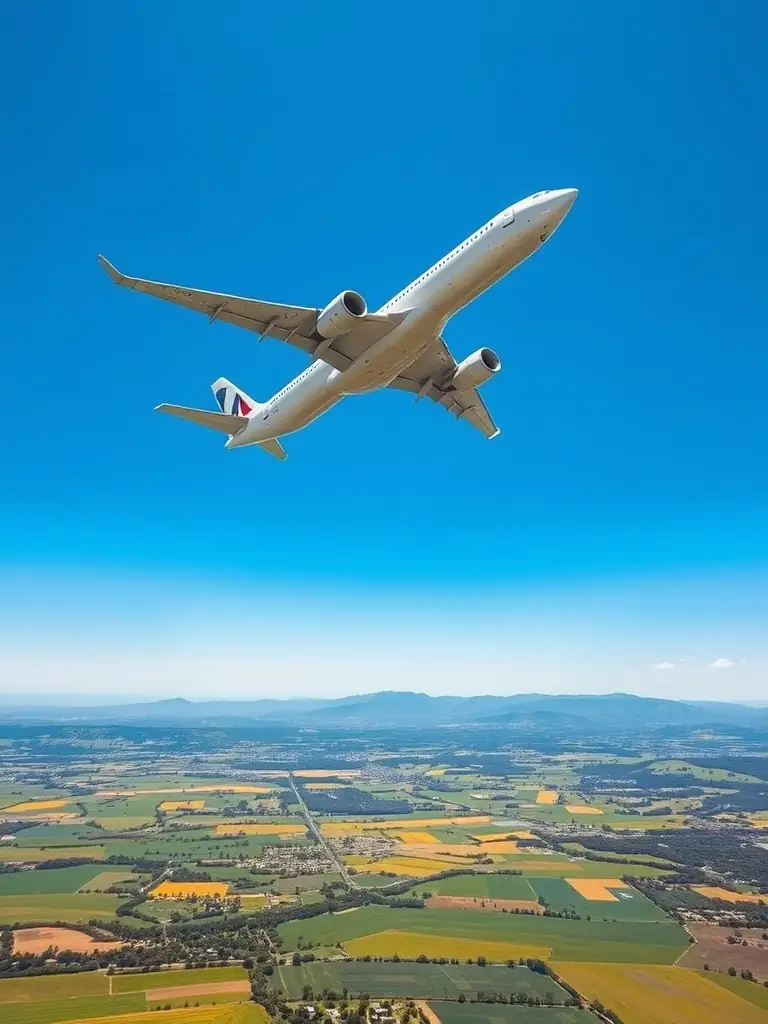 A modern airplane taking off against a clear blue sky.