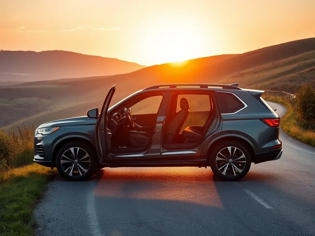 A luxurious SUV parked on a countryside road.