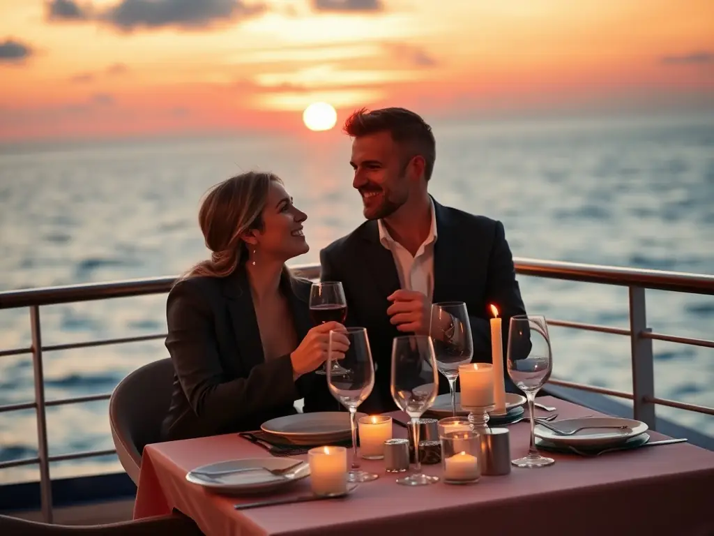 A couple enjoying a romantic sunset dinner on a cruise ship deck.