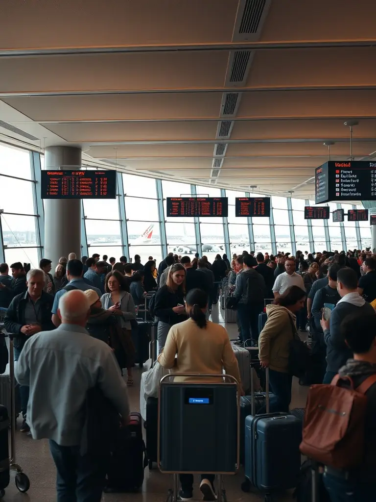 A bustling airport terminal with travelers checking in.