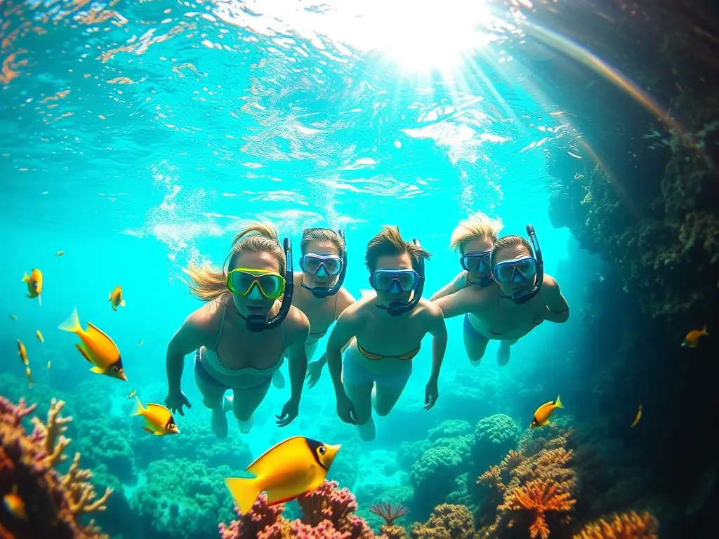 A group of people snorkeling in crystal clear waters.