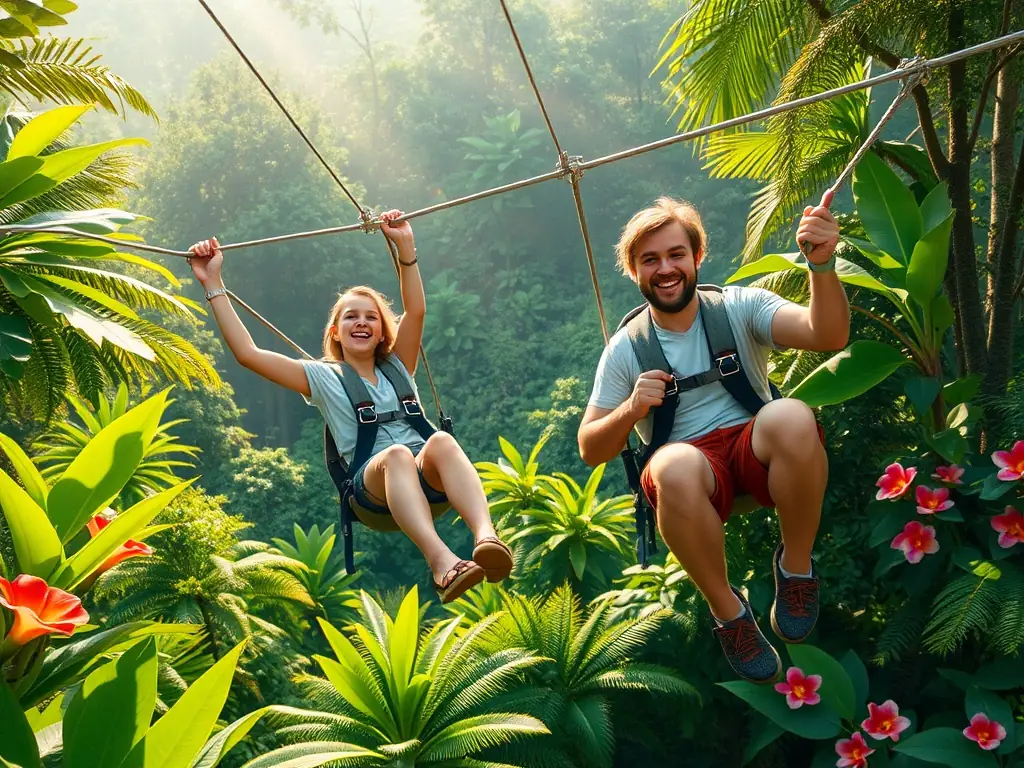 A family zip-lining through a lush tropical forest.