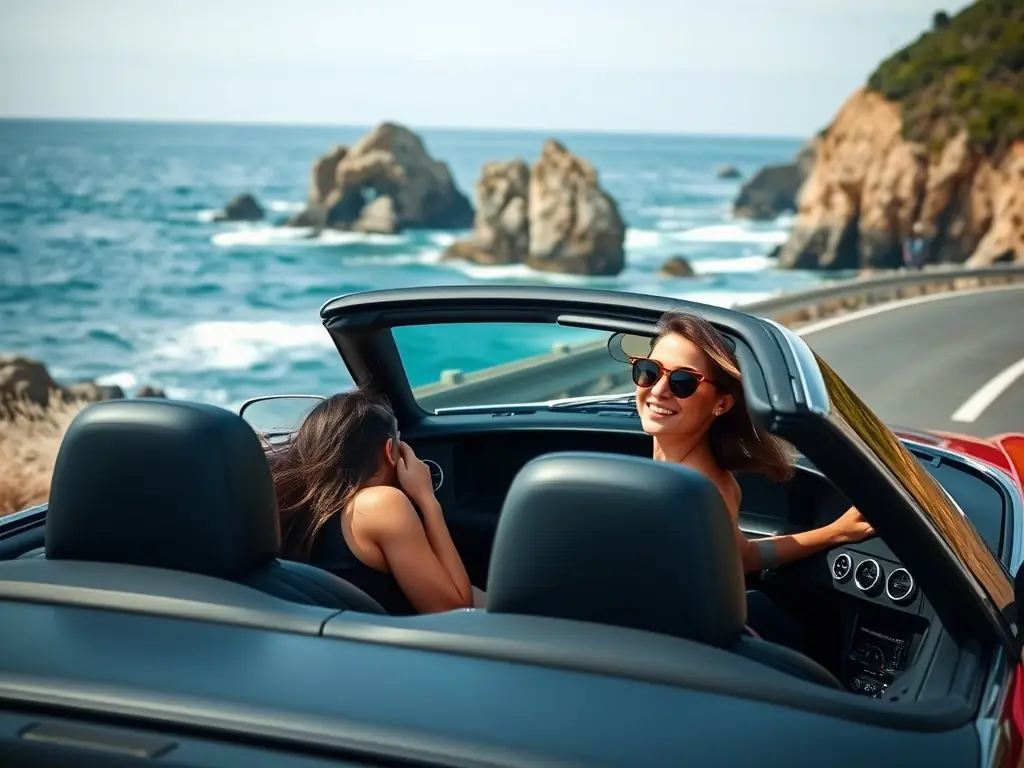 A stylish convertible cruising along a coastal highway.