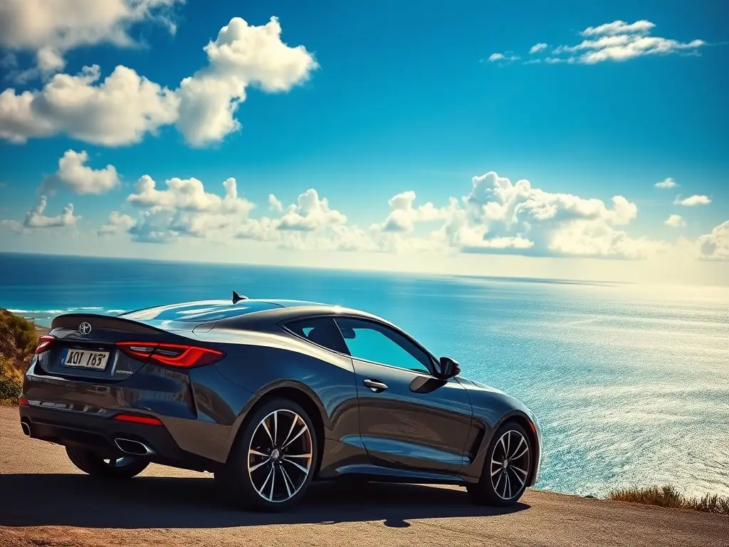 A sleek, modern car parked on a cliff with an ocean view.