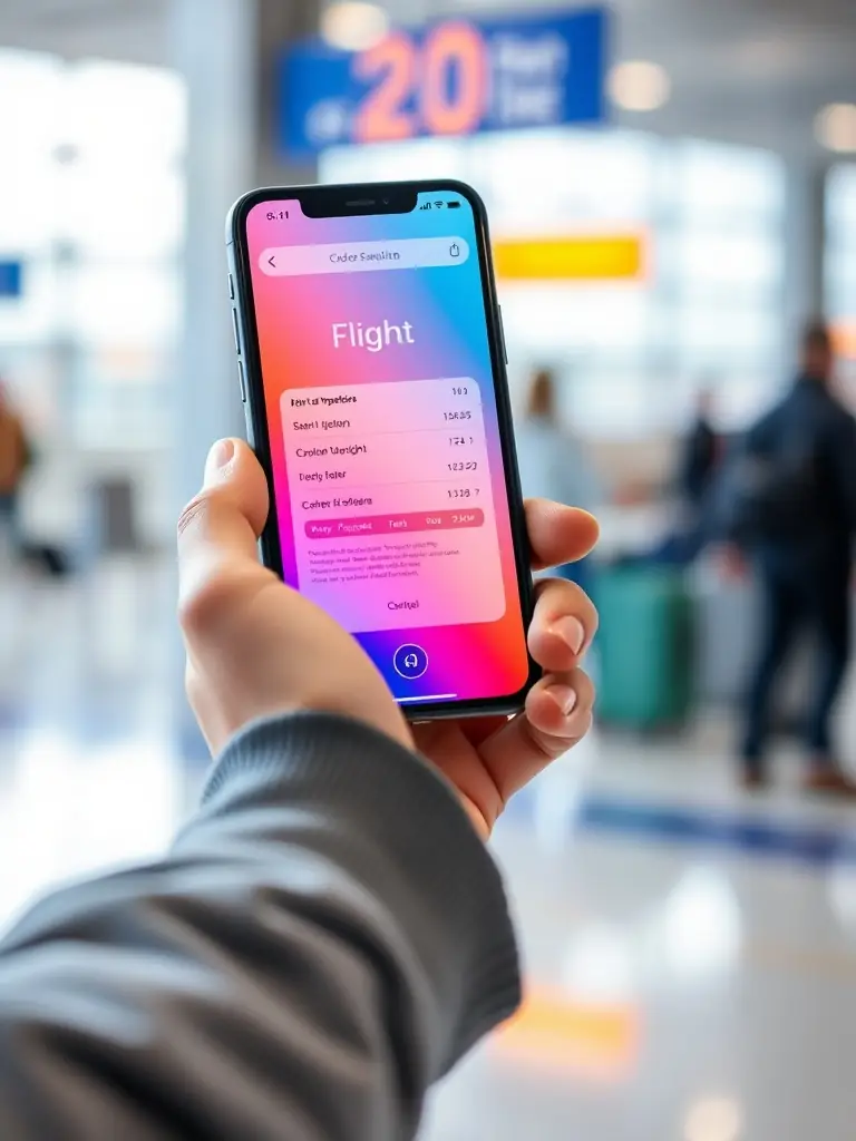 A close-up of a traveler's hand holding a smartphone with a flight booking confirmation.