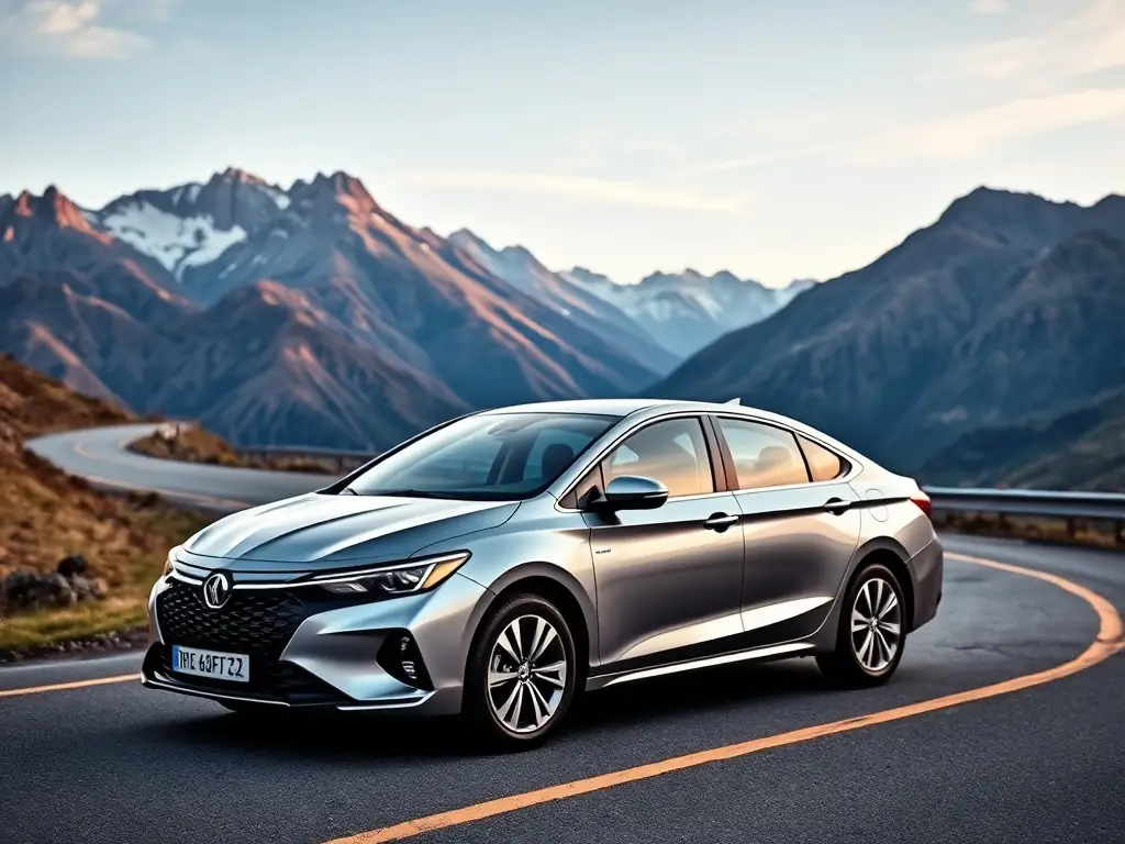 Sleek rental car parked in front of a scenic landscape.